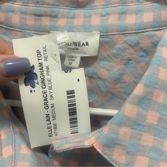 AnnieWear Grace Gingham Button Down Top in Sky Blue & Pink NEW M - Picture 2 of 6